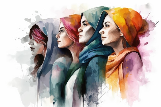 A group of women with headscarves painted in watercolor generative AI