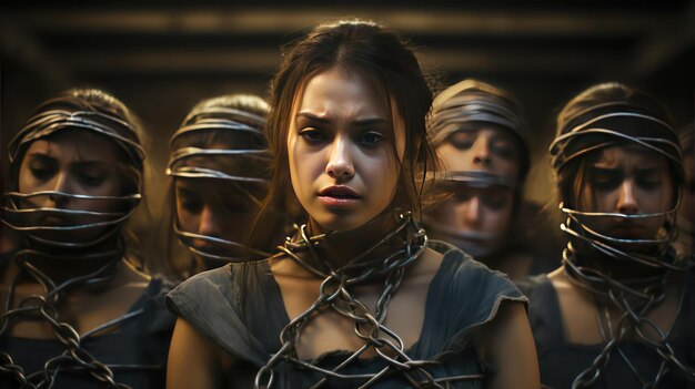 Photo group of women with metal chain around their heads in a cage