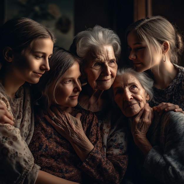 Foto un gruppo di donne e una donna si abbracciano e guardano la telecamera.