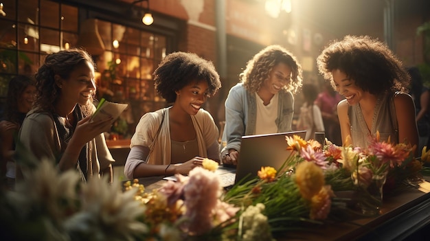 Group of women working together in coffee shop