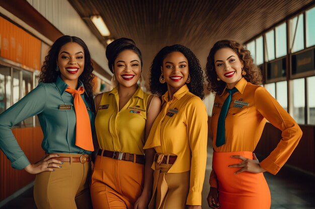 A group of women in yellow and orange uniforms stand in a hallway