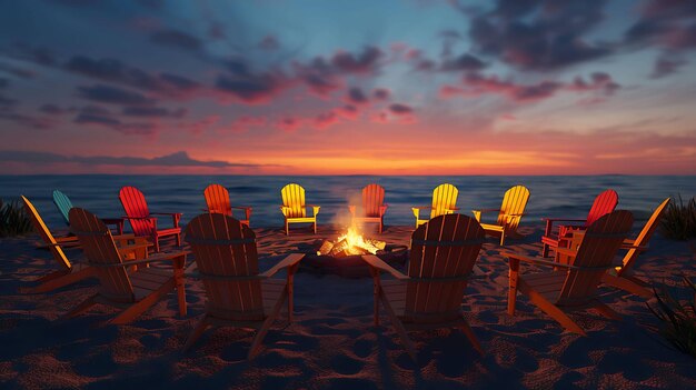 A group of wooden Adirondack chairs are arranged in a circle around a bonfire on the beach The chairs are painted in a variety of bright colors