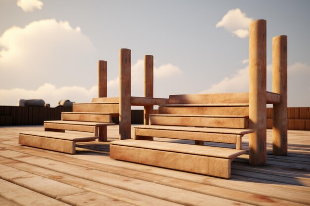 A group of wooden benches placed on top of a wooden floor This versatile image can be used to depict seating arrangements in various settings