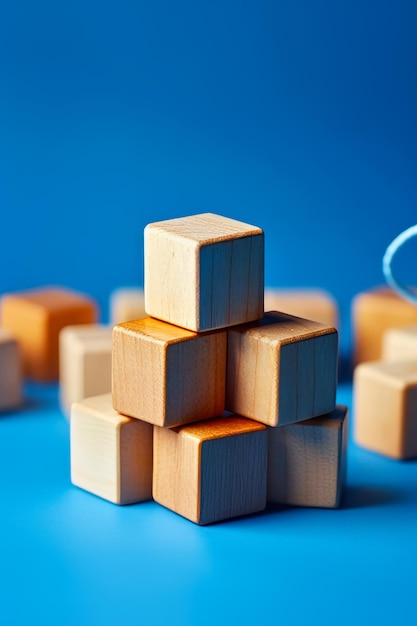 Group of wooden cubes sitting on top of blue table top Generative AI