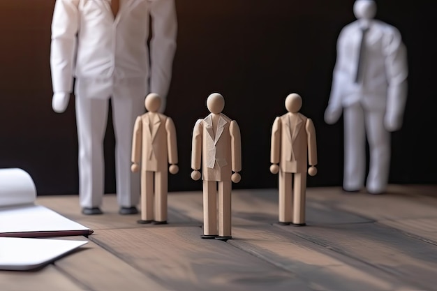 Group of wooden figures of business people standing in a row on wooden floor Team meeting and presentation concept without any face AI Generated