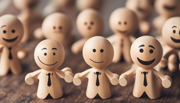 a group of wooden figures with a man in a tie and a tie