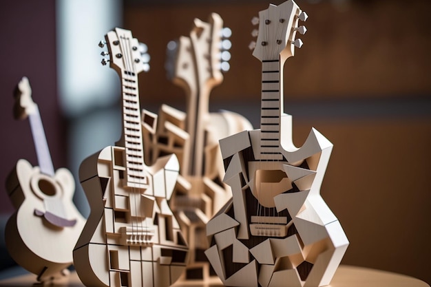 A group of wooden guitars are displayed on a table.