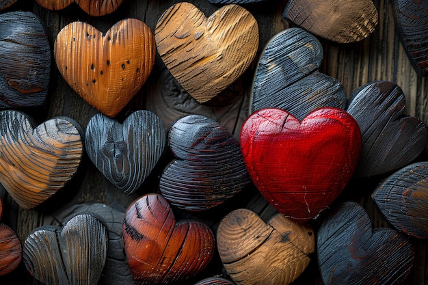 Группа деревянных сердец, сидящих на деревянном столе