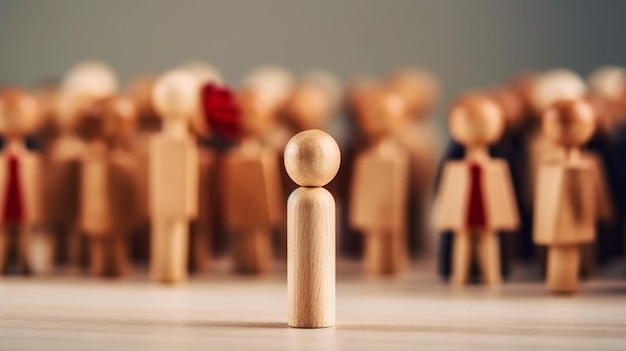 A group of wooden people stand in front of a crowd of people.