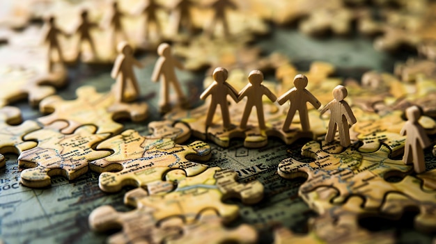 Foto un gruppo di persone di legno si trova su un puzzle di mappa del mondo le persone si tengono per mano e i pezzi del puzzle si uniscono