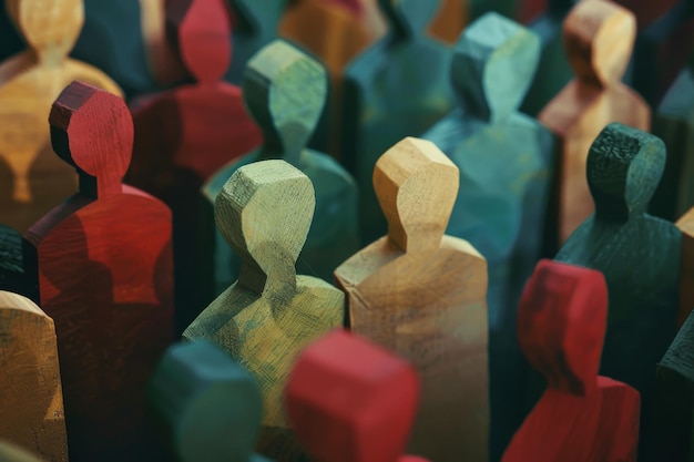 Photo group of wooden people standing together generative ai