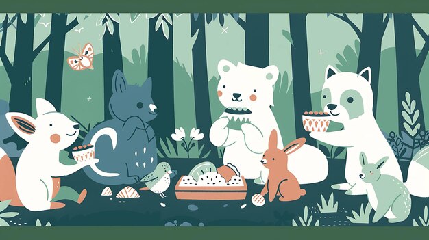 A group of woodland animals are having a picnic in the forest The animals are eating drinking and talking