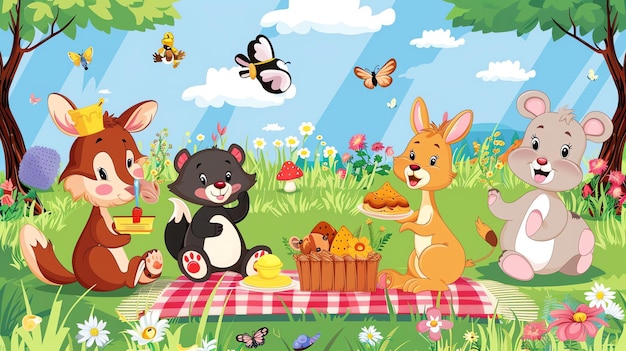 Photo a group of woodland animals are having a picnic in a forest clearing
