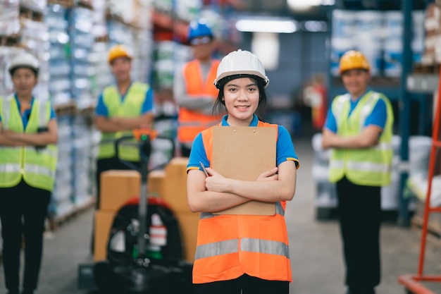 グループ労働者の工場またはエンジニアの男女が自信を持って立っており、倉庫の産業のキャリアで倉庫産業工場の若い成人の職場で働いている成功者の人々