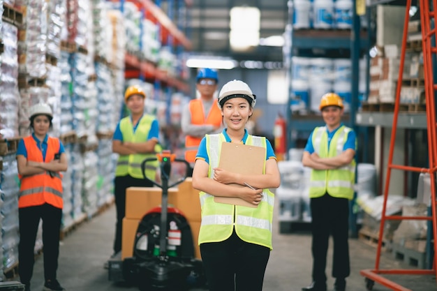 Gruppo operaio fabbrica o ingegnere uomini e donne in piedi con fiducia e successo persone che lavorano nel posto di lavoro di magazzino fabbrica industriale giovane adulto nella carriera di industria di magazzino