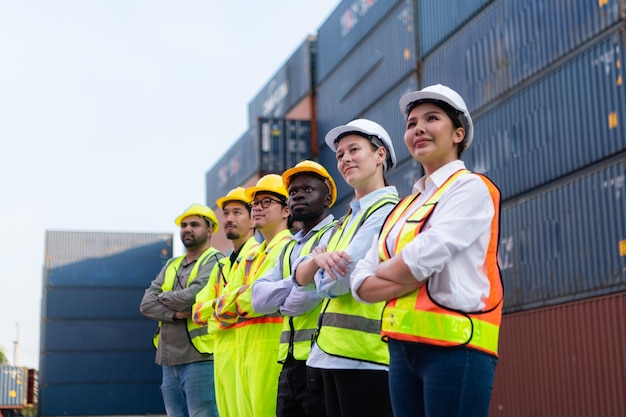 Group of worker wearing safety helmet and reflective vest standing in front of containers