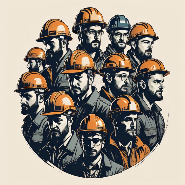 한 무리의 근로자들이 모두 헬멧을 착용하고 있습니다.
