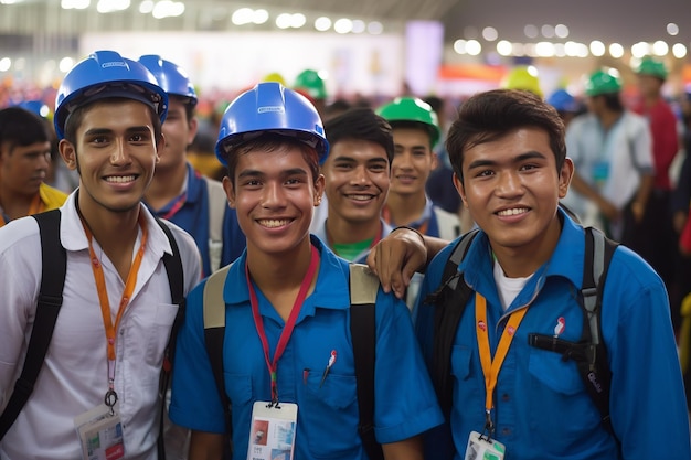 A group of workers are sitting at a table wearing blue work clothes and a helmet