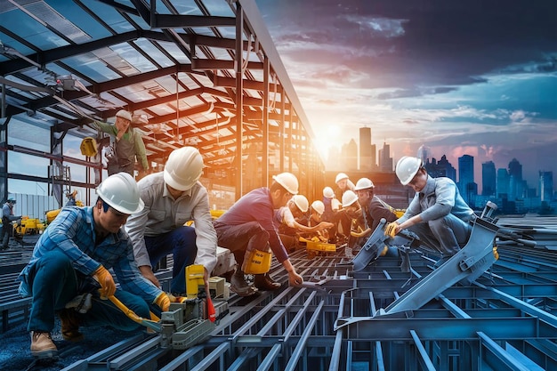 a group of workers are working on a construction site