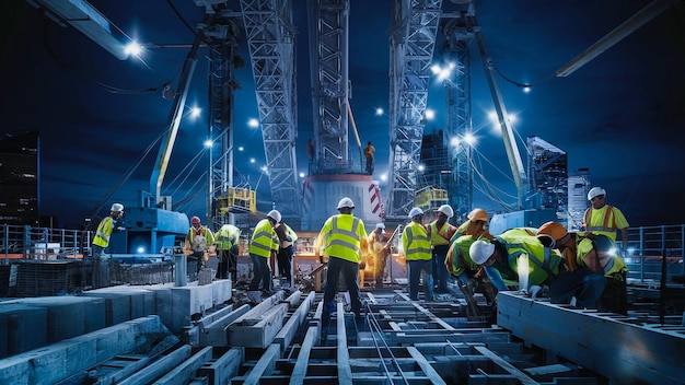 a group of workers are working on a construction site