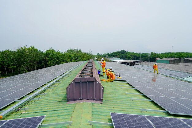 A group of workers are working on a green roof with solar panels