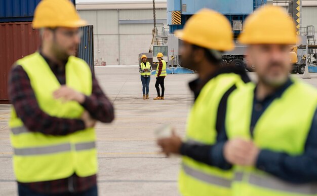 Group of workers engineers of a port of goods and customs focus\
on people in the background