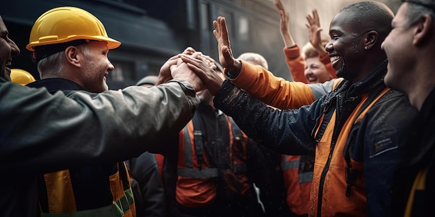 group of workers having a high five with one another in the style of black arts movement