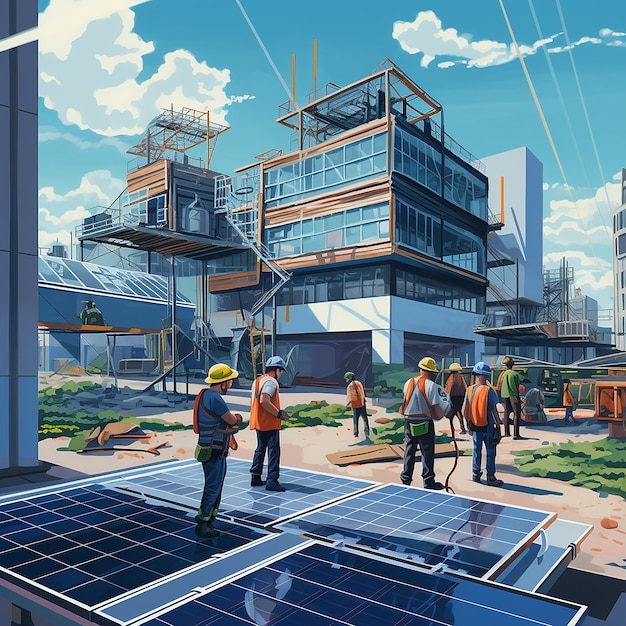 A group of workers looking at a super modern building cranes in the background and solar panels