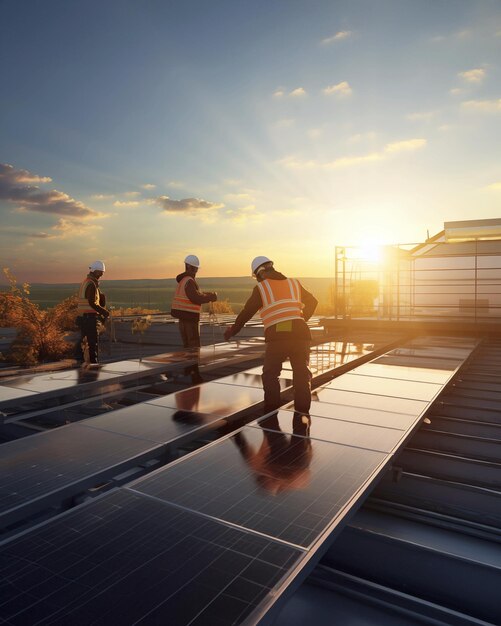 A group of workers on the roof of a solar power plant Renewable energy concept