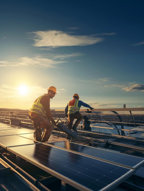 太陽光発電所の屋根の上にいる労働者のグループ再生可能エネルギーコンセプト