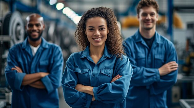 Photo group of workers standing in a factory