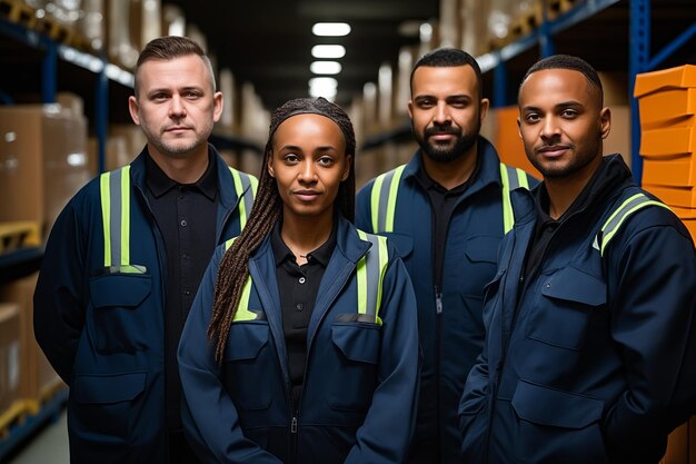 Photo group of workers standing in warehouse with man in the background generative ai