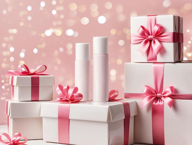 Photo group of wrapped presents with pink ribbons festive cosmetic mockup illustration