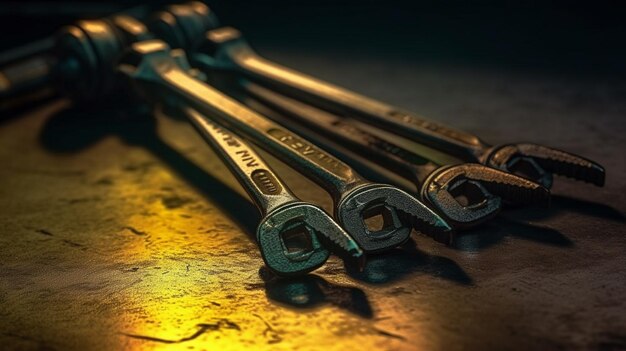 A group of wrenches sit on a table.