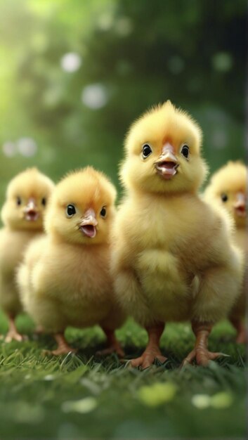 a group of yellow chickens are standing together