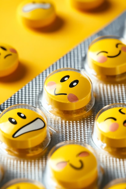 A group of yellow pills with faces on them