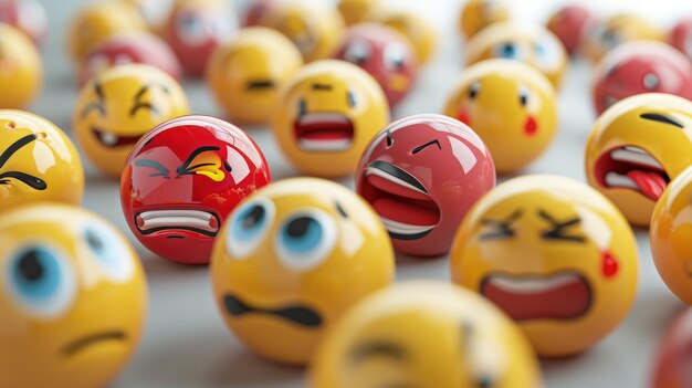 A Group of Yellow and Red Balls With Faces Painted on Them