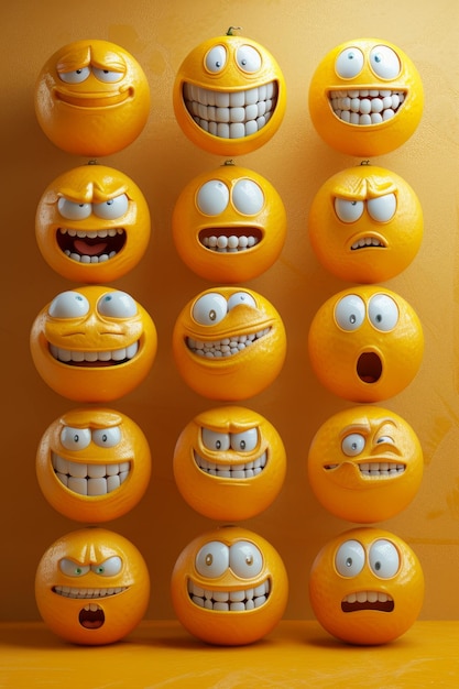 Photo a group of yellow round emojis with funny facial expressions on a yellow background 3d illustration