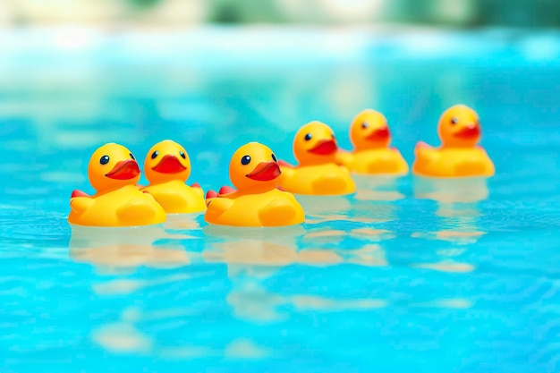 A group of yellow rubber ducks swim in a summer pool Ai generated