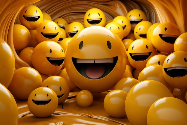 A group of yellow smiley faces in a cave