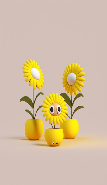 A group of yellow vases with a smiley face and a small yellow flower with a green eye.