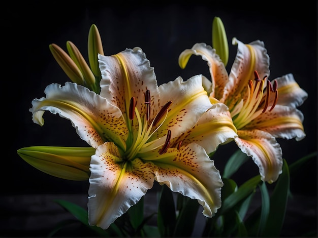 a group of yellow and white lily flowers in dark background