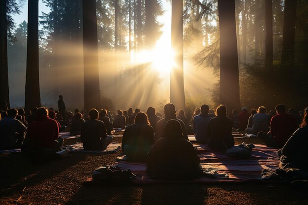 Group yoga class in a tranquil forest clearing