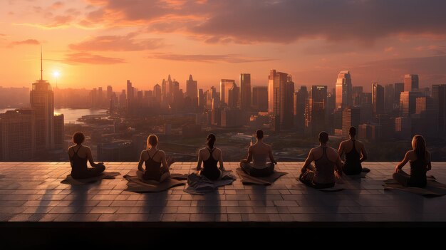 A group of yogis on a rooftop ultra realistic illustration