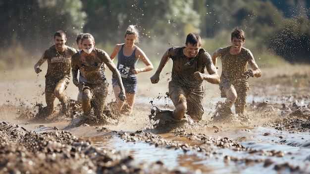 Photo a group of young adults are running through a mud obstacle course they are all covered in mud and look like they are having a lot of fun