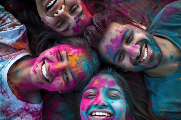 Group of young adults covered in Holi powder showing joy and friendship