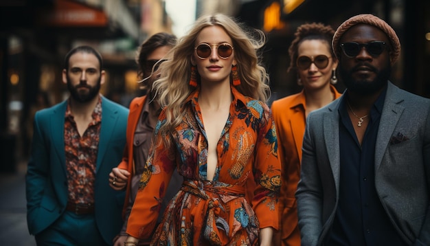 Photo group of young adults in fashionable clothing walking outdoors generated by artificial intelligence