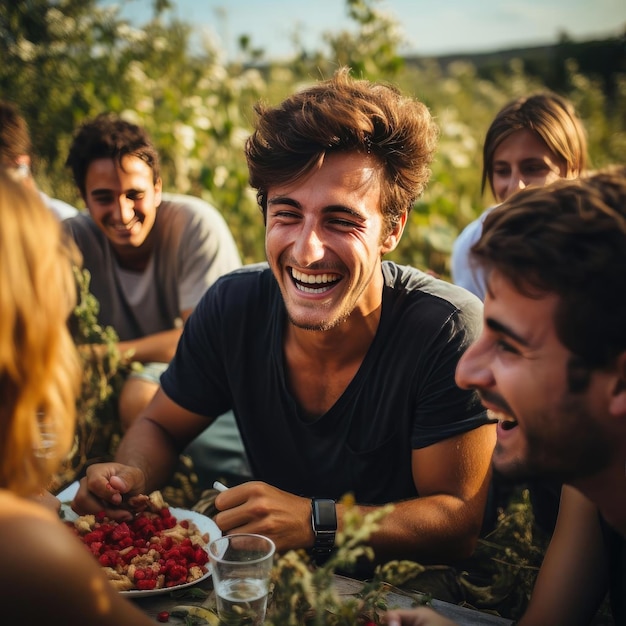 Group of young adults laughing while eating food in the field