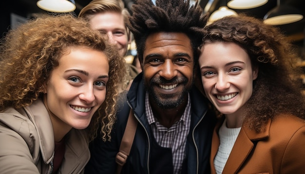 A group of young adults smiling looking at camera enjoying nightlife generated by AI