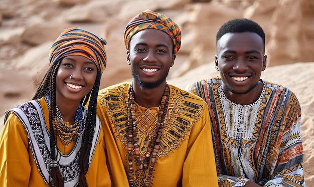 Group of young African American people wearing traditional clothing in desert all smiling